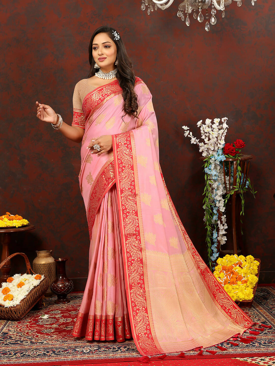 Lorenvalley Fashion Pink Cotton Woven Design with Zari Weaving Design Saree - Swadesiicart