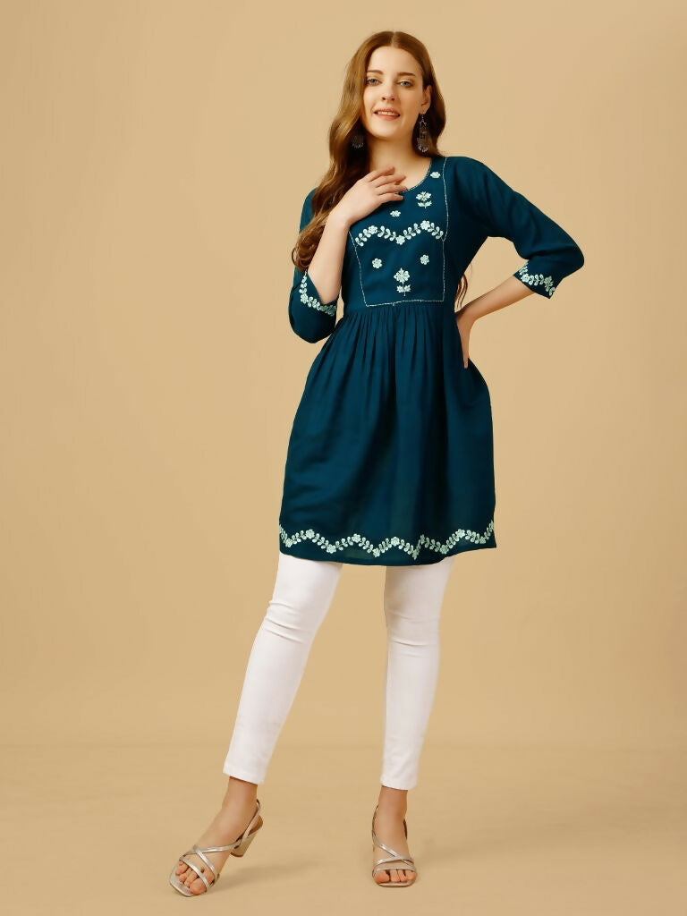 Jyoti Fashion Women's Blue Viscose Rayon Embroidered Casual Top | Swadesiicart