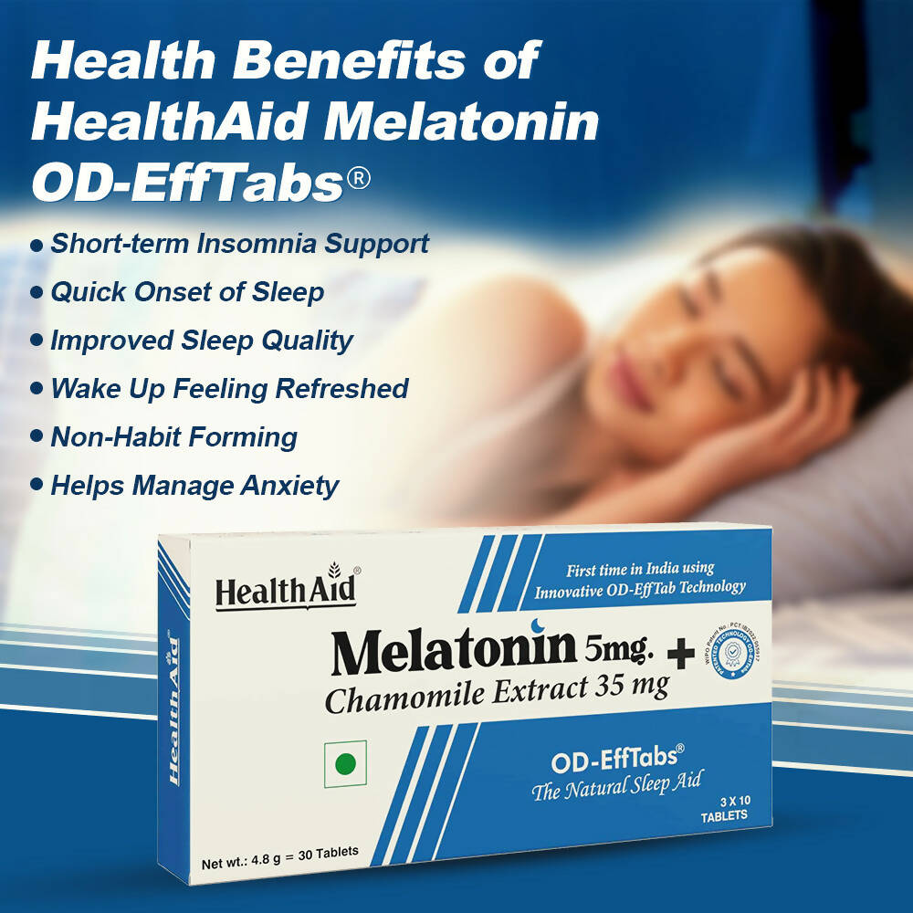 HealthAid Melatonin 5 mg + Chamomile Extract 35 mg OD Effervescent Tablets - Swadesiicart