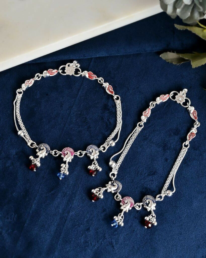 VOJ Set of 2 Silver Plated Peacock Shaped Multi Color Anklet - Swadesiicart