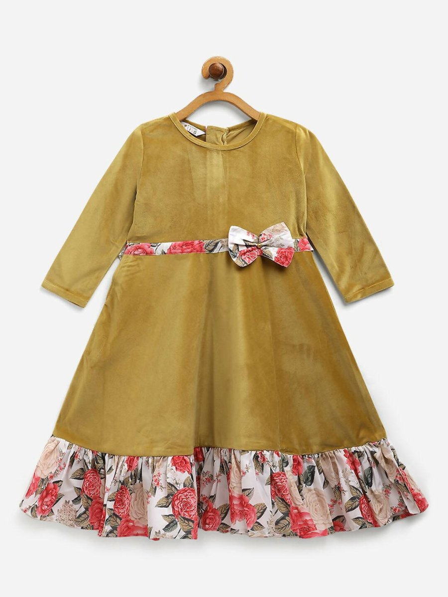 Ahalyaa Mustard Velvet Plain Kids Frilled Kurta For Girls | Swadesiicart