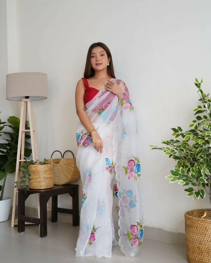Vamsee Urvashi White Organza Saree - Swadesiicart
