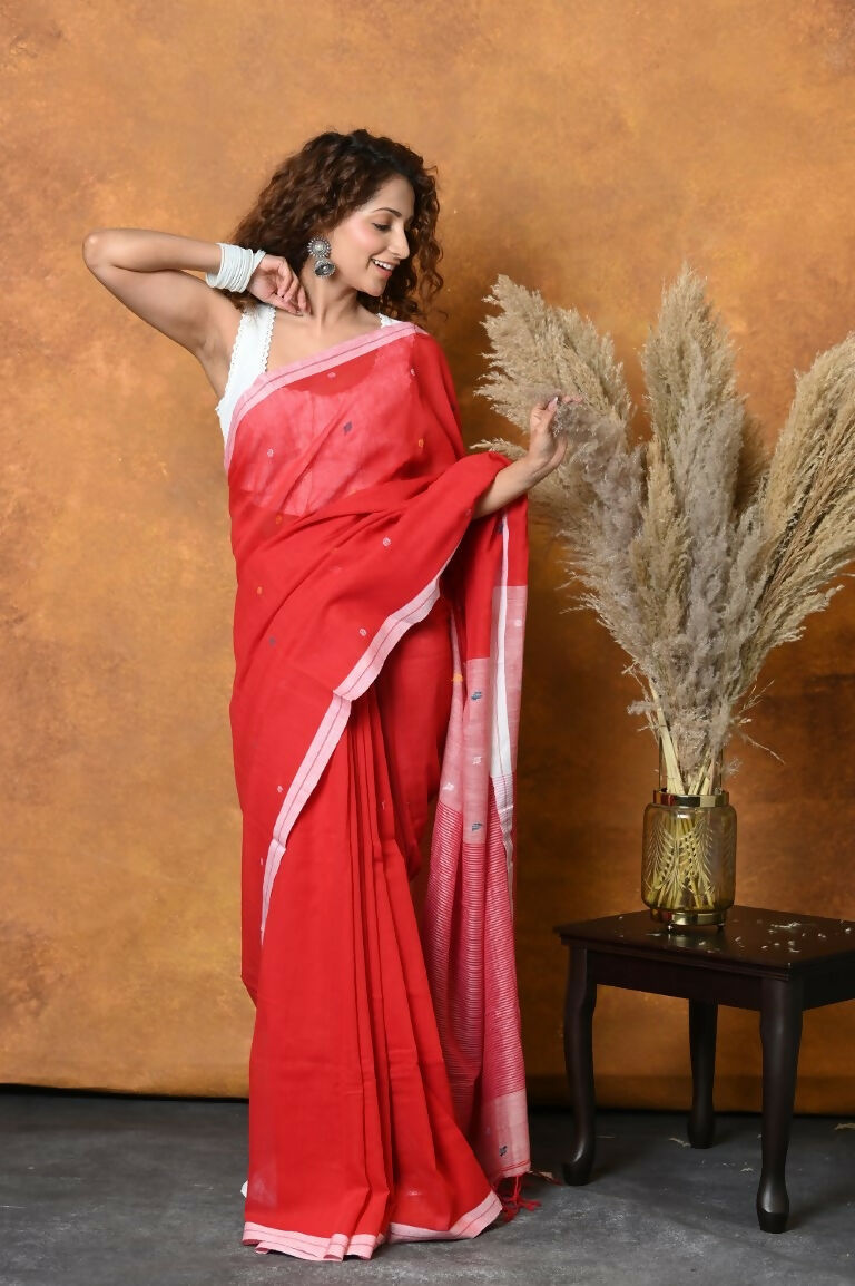 Very Much Indian Pure Cotton Handloom Saree with Buttis & Sleek Border - Red | Swadesiicart