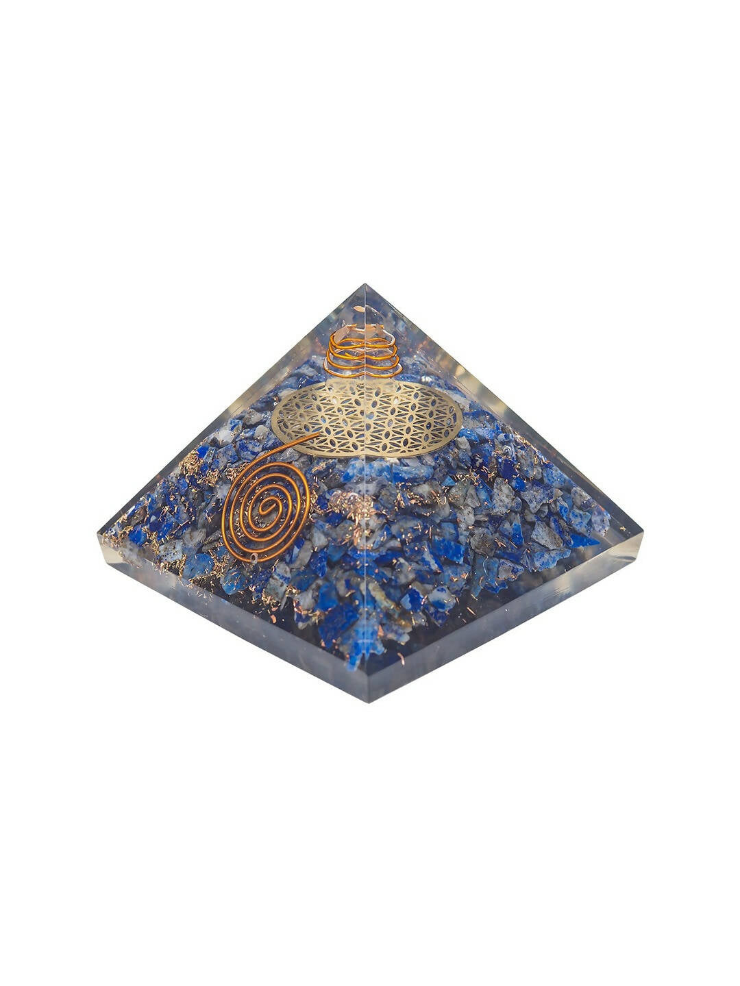 Golden Peacock Blue & Gold-Toned Lapis Lazuli Orgone Stone Pyramid Prism Paperweight | Swadesiicart