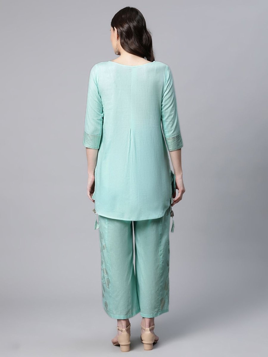 Ahalyaa Women Teal Pure Cotton Gold Foil Printed Pakistani Style Kurta Palazzo Set | Swadesiicart