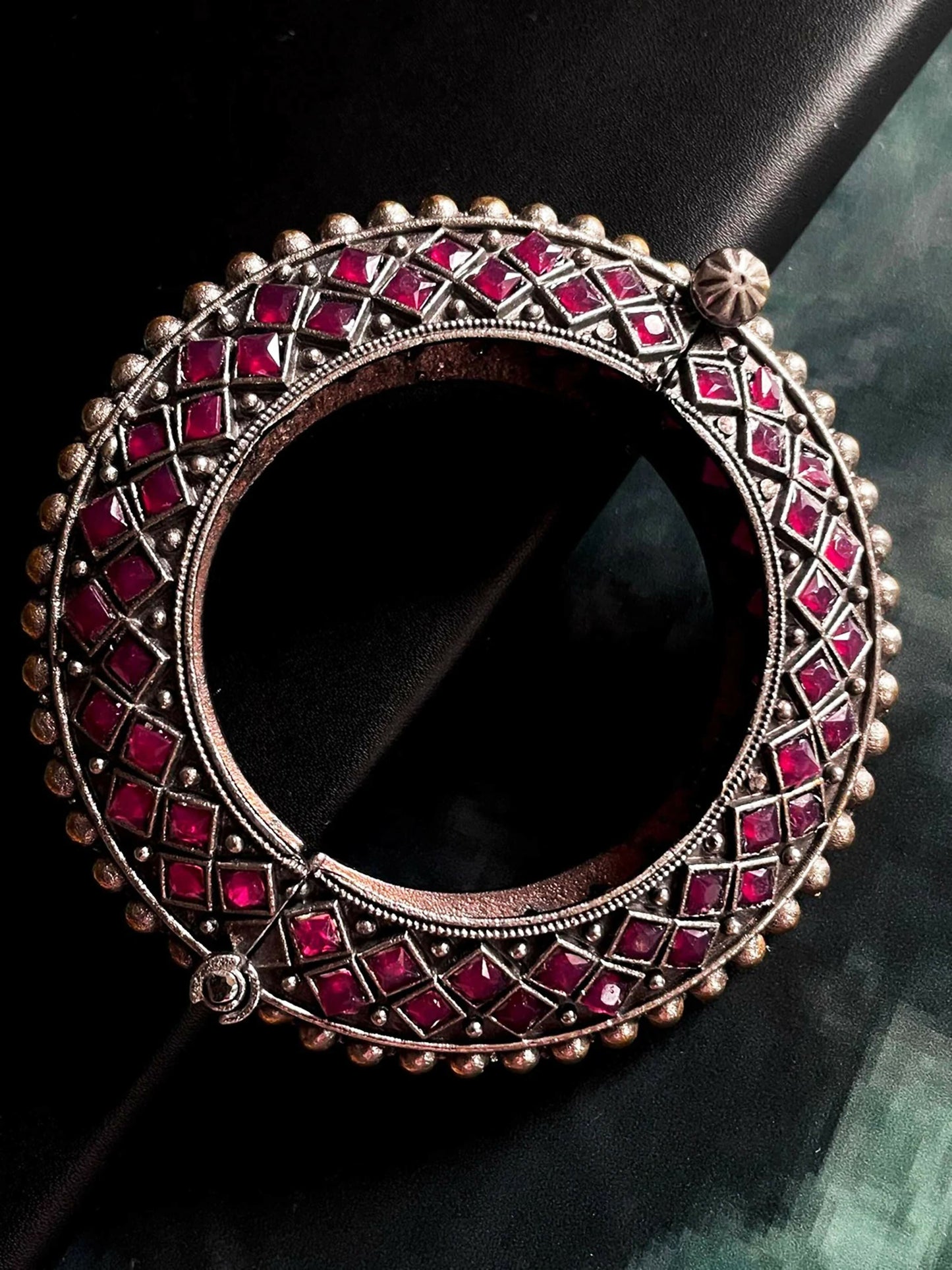 Joban Fashion Magenta Pink Brass Monalisa Stone Oxidized Heavy Party Wear Openable Kada | Swadesiicart
