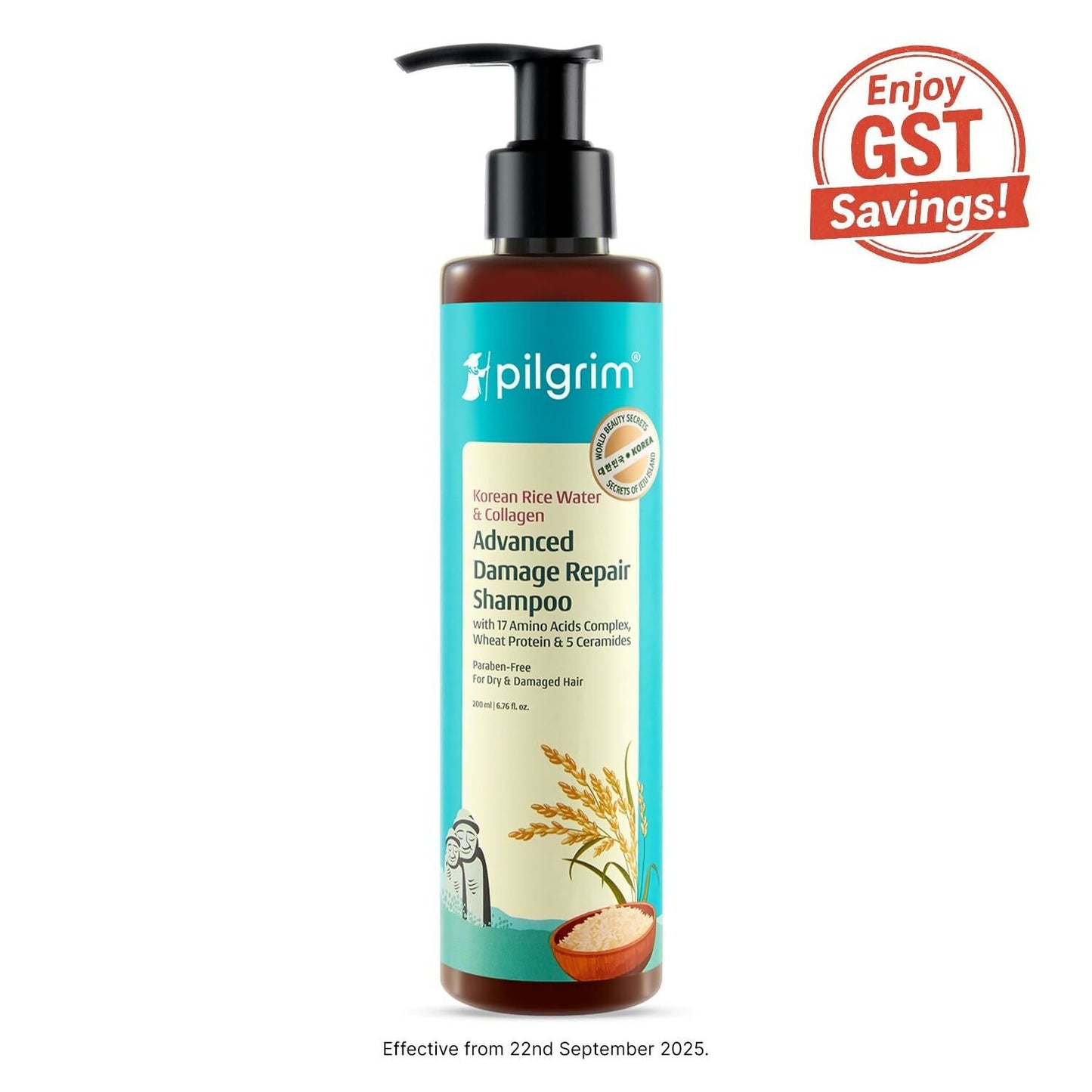 Pilgrim Korean Rice Water & Collagen Advanced Damage Repair Shampoo - Swadesiicart