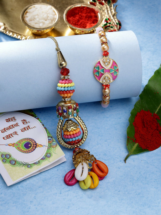 NVR Women & Men Set of 2 Multicolor Artificial beads Bhaiya Bhabhi Rakhi With Roli Chawal & Chocolate | Swadesiicart