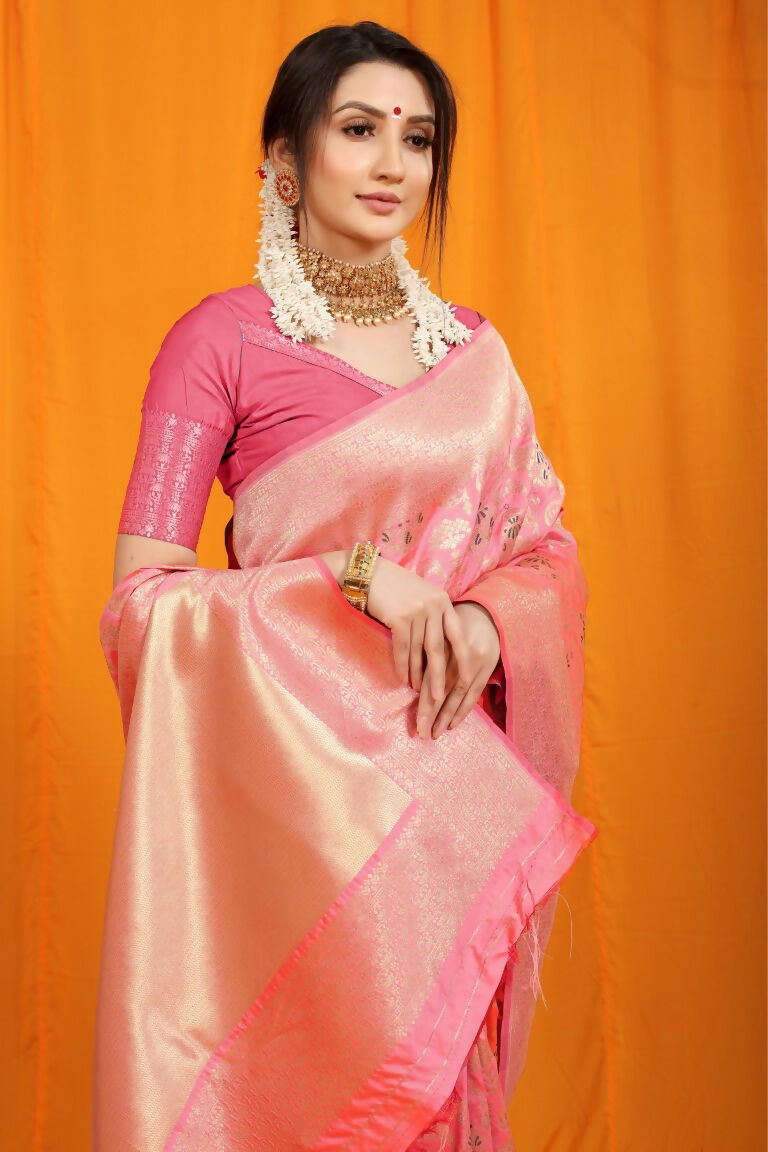 Jyoti Fashion Women's Pink Kanjivaram Silk Zari Woven Saree with Blouse | Swadesiicart