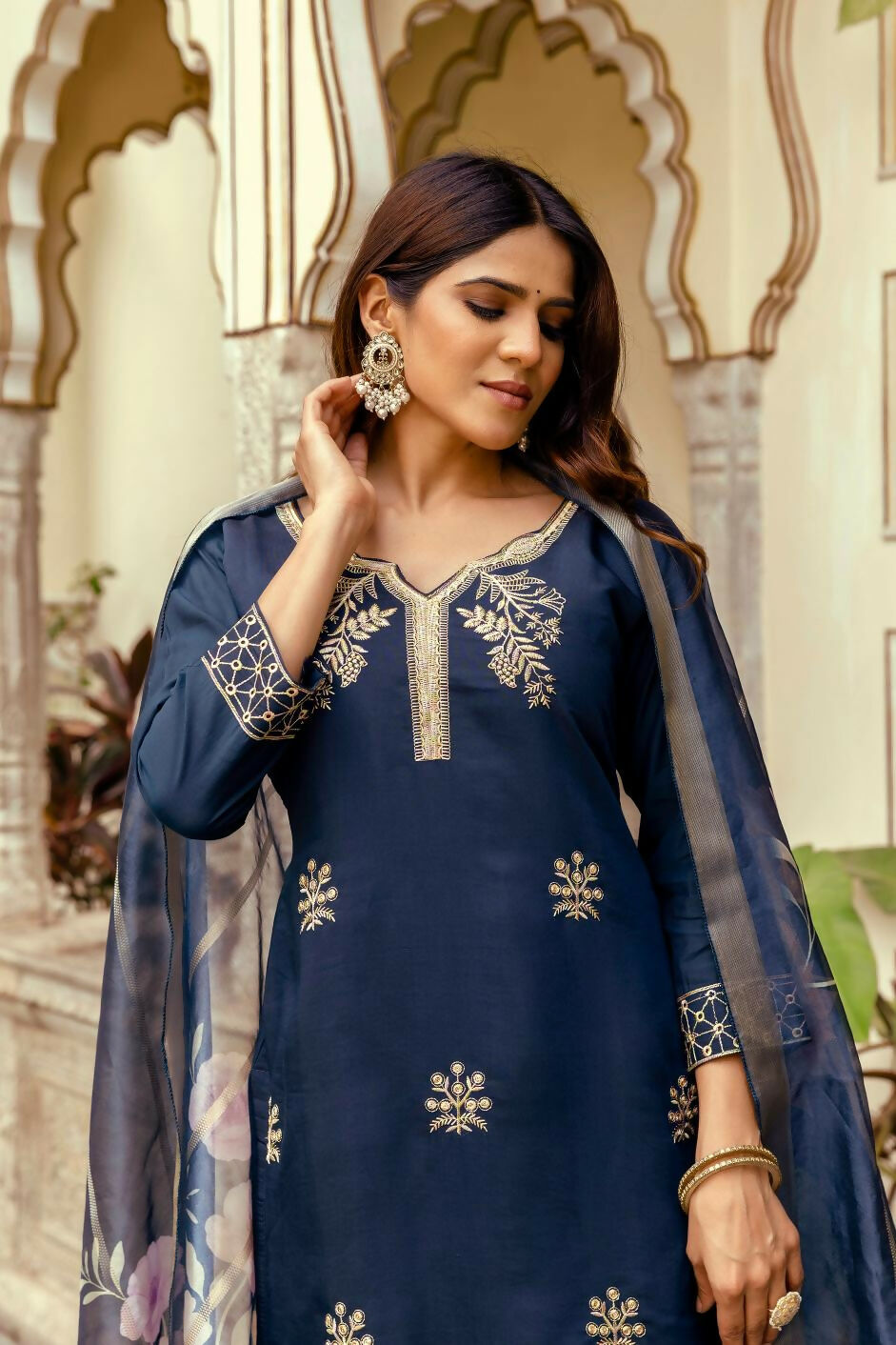 The52 Navy Blue Women's Beautiful Viscose Chanderi Fabric Thread Work Straight Kurta Pant and Dupatta Set - Swadesiicart