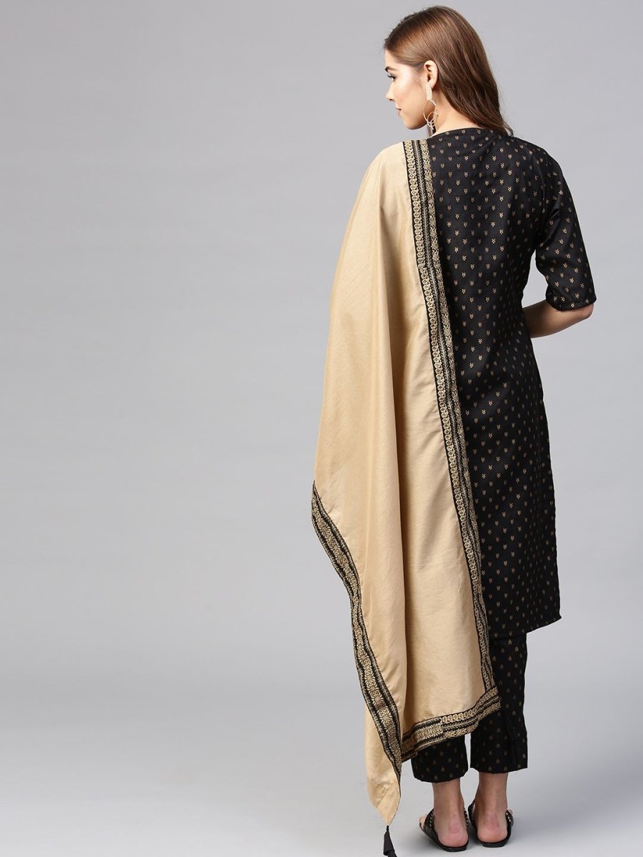 Ahalyaa Women's Black Poly Silk Printed Kurta Pant With Dupatta | Swadesiicart