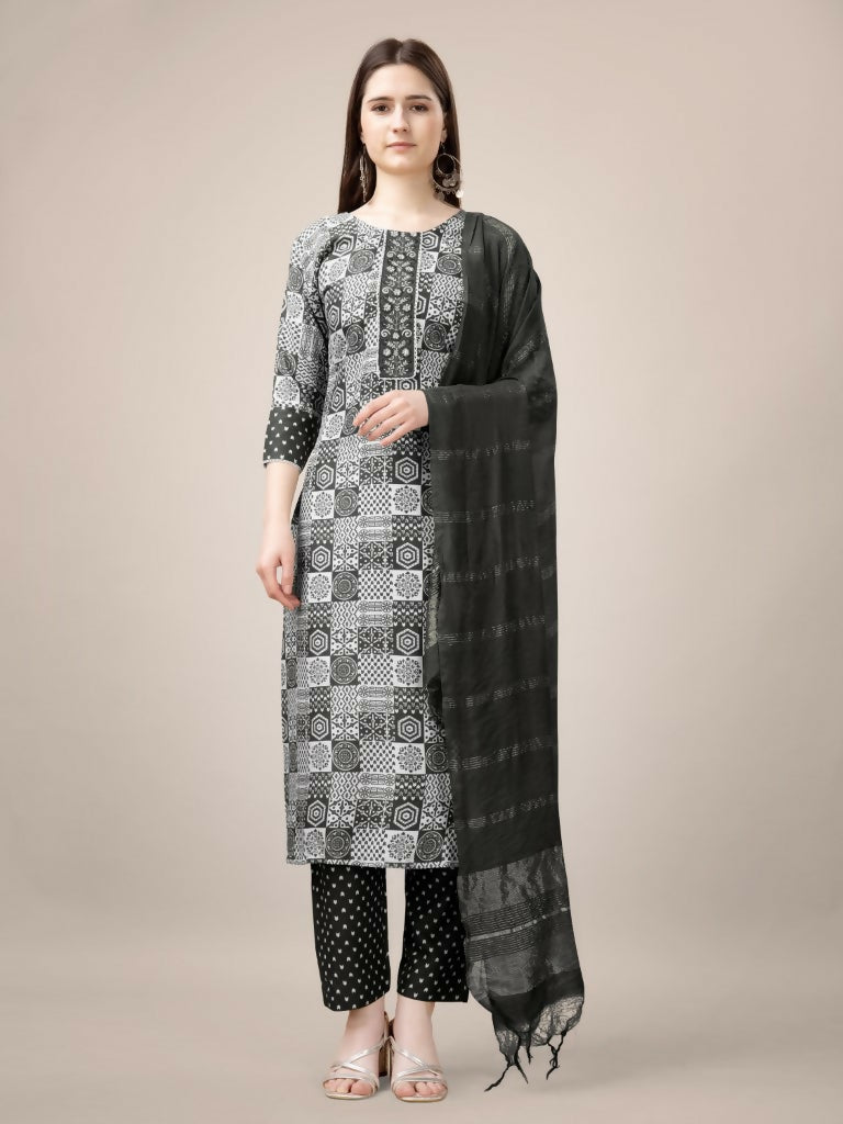 Jyoti Fashion Women's Black Rayon Print with Embroidery & Fancy Lace Work Kurta with Trouser & Dupatta | Swadesiicart