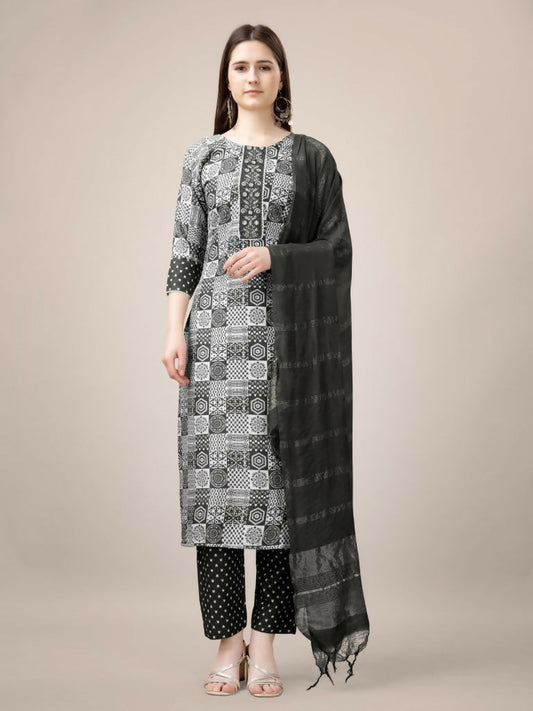 Jyoti Fashion Women's Black Rayon Print with Embroidery & Fancy Lace Work Kurta with Trouser & Dupatta