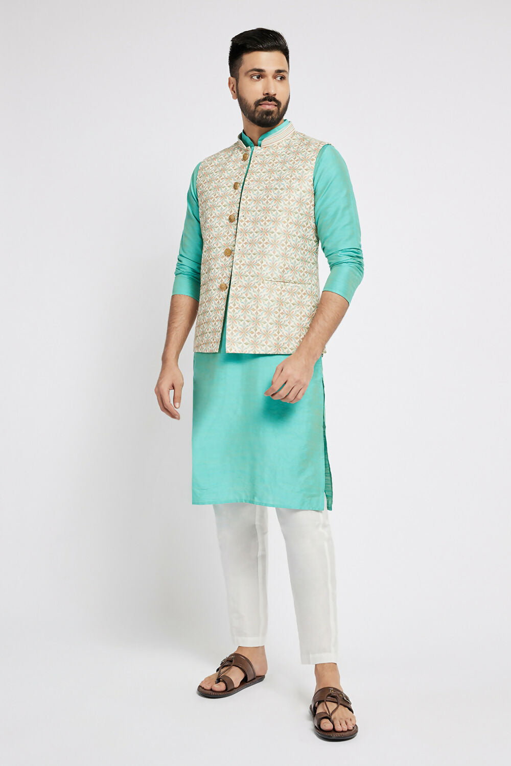 Ethnic India Light Blue Bundi Men's Jacket Abstract Polyester | Swadesiicart