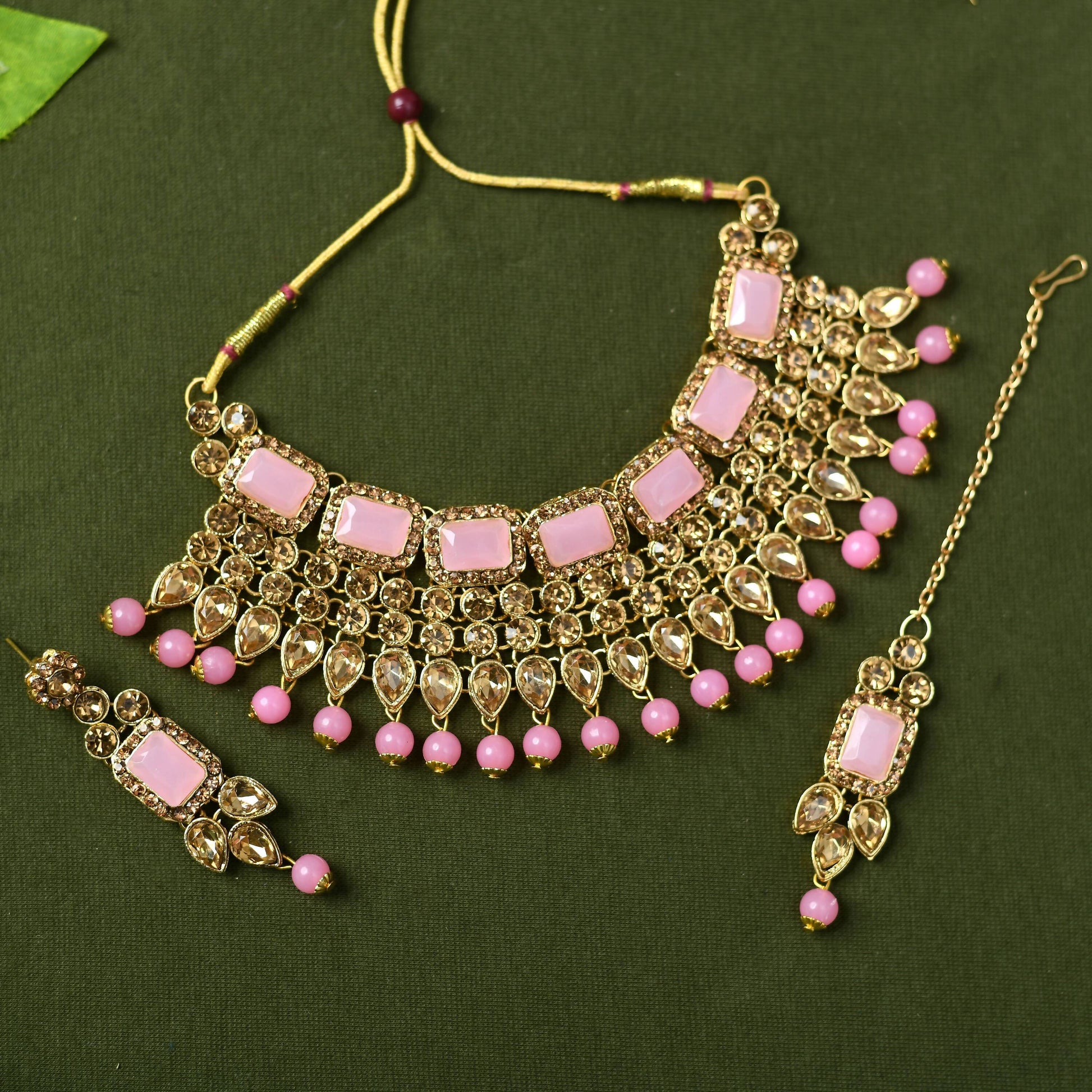 Mominos Fashion Johar Kamal Gold-Polished Brass Finish Kundan/Stone Choker For Women (Baby Pink) | Swadesiicart