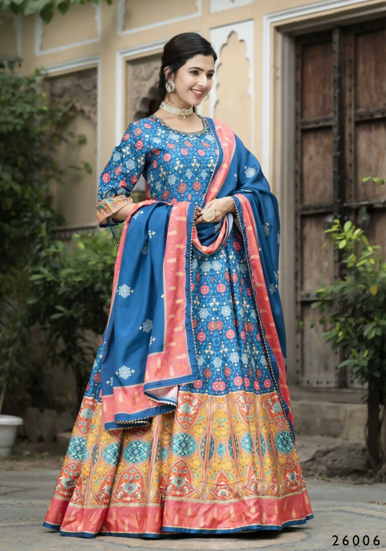 Wedding Designer Blue Soft Dola Silk Anarkali suit with Dupatta - Samanta - Swadesiicart
