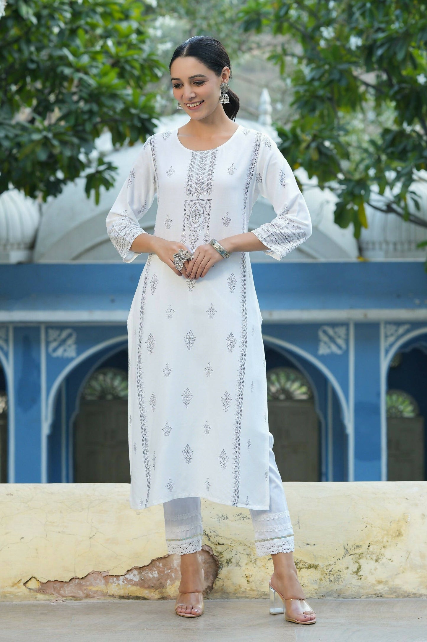 Juniper Women's White Rayon Placement Printed Straight Kurta | Swadesiicart