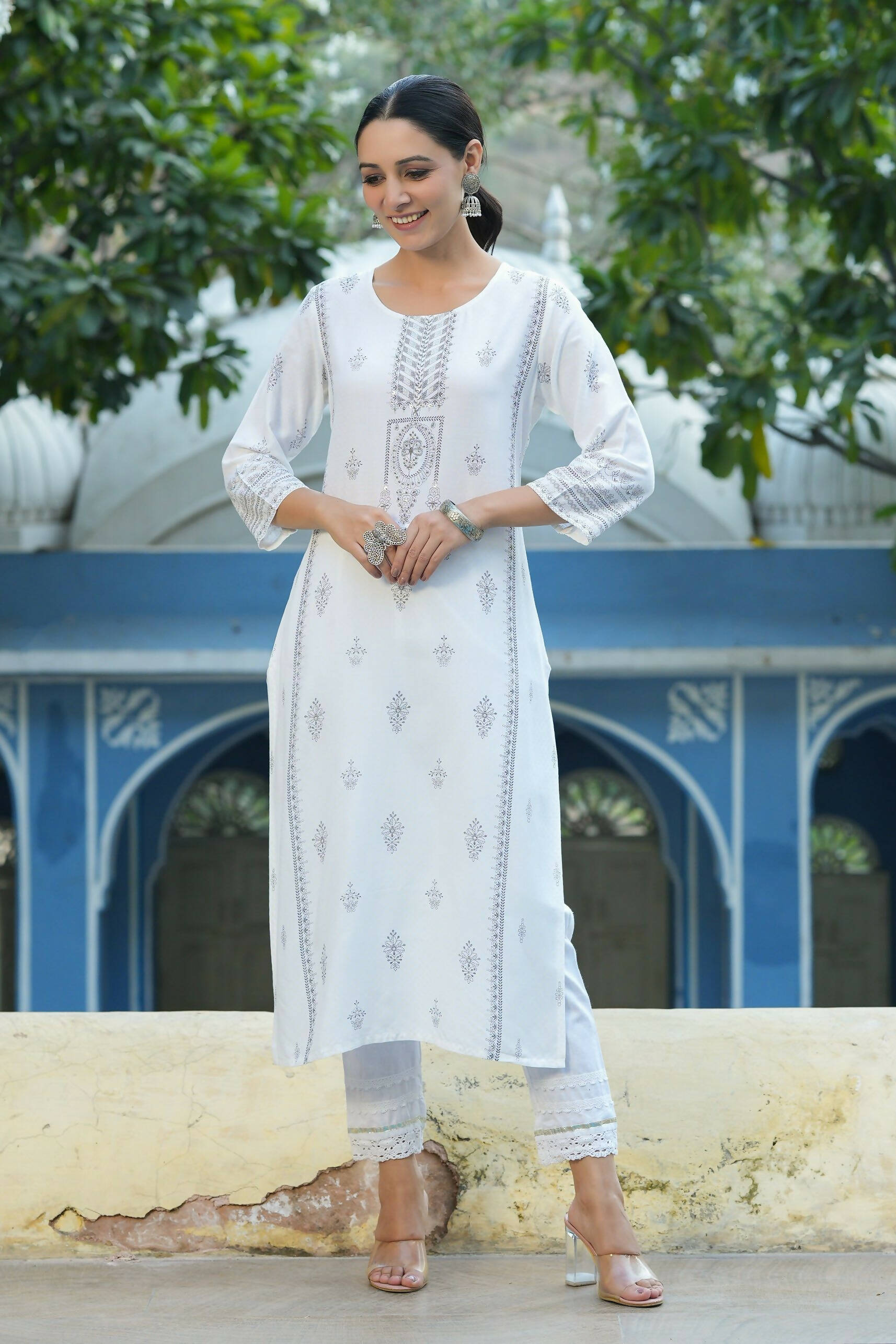 Juniper Women's White Rayon Placement Printed Straight Kurta | Swadesiicart