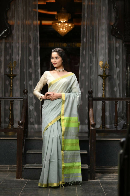 Very Much Indian VMI Exclusive Designer! Handloom Cotton Silk Saree With Sleek Golden Border - Sage Grey | Swadesiicart