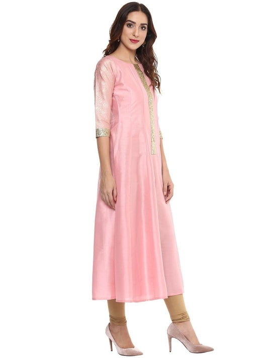 Ahalyaa Women's Pink Poly Silk Kurta | Swadesiicart
