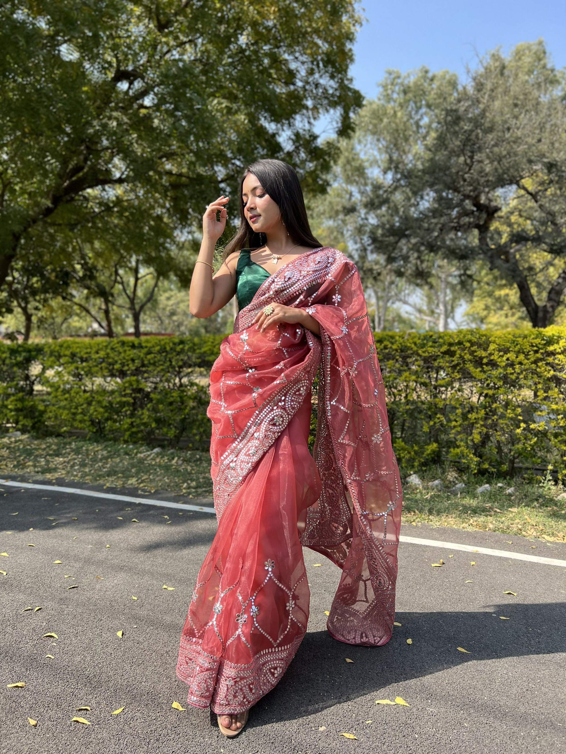 Vamsee Naina Maroon Organza Saree - Swadesiicart