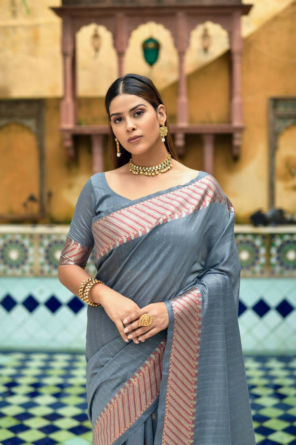Vishnu Weaves Women's Grey Cotton Silk Zari Woven Butta Work Saree with Blouse - Swadesiicart