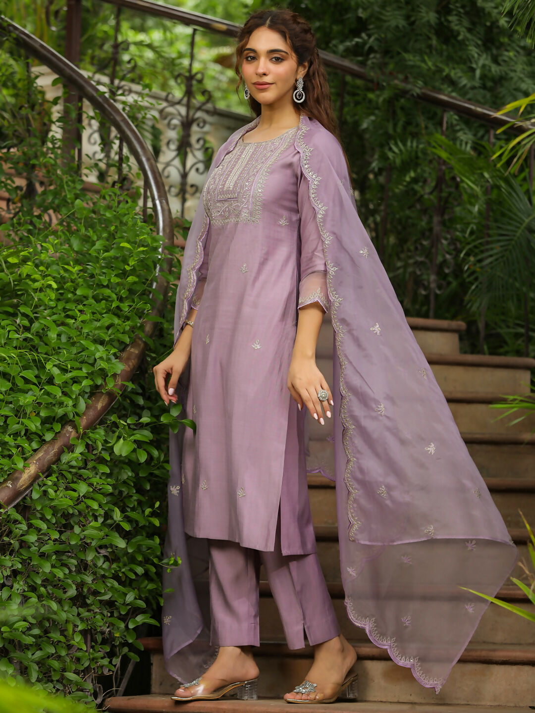 Janasya Lavender Silk Blend Solid Kurta,Bottom & Dupatta | Swadesiicart