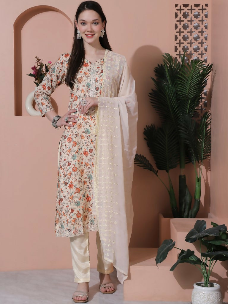 Jyoti Fashion Women's Beige Cotton Floral Digital Printed Kurta with Trouser & Dupatta | Swadesiicart
