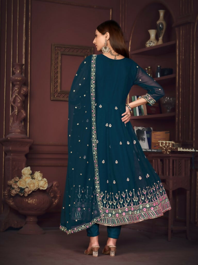 Jyoti Fashion Women's Rama Georgette Embroidered Anarkali Kurta Pant Set With Dupatta | Swadesiicart