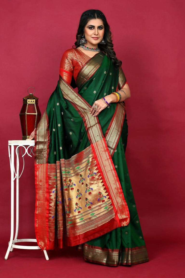 Jyoti Fashion Women's Bottle Green Paithani Silk Zari Woven Saree with Blouse | Swadesiicart