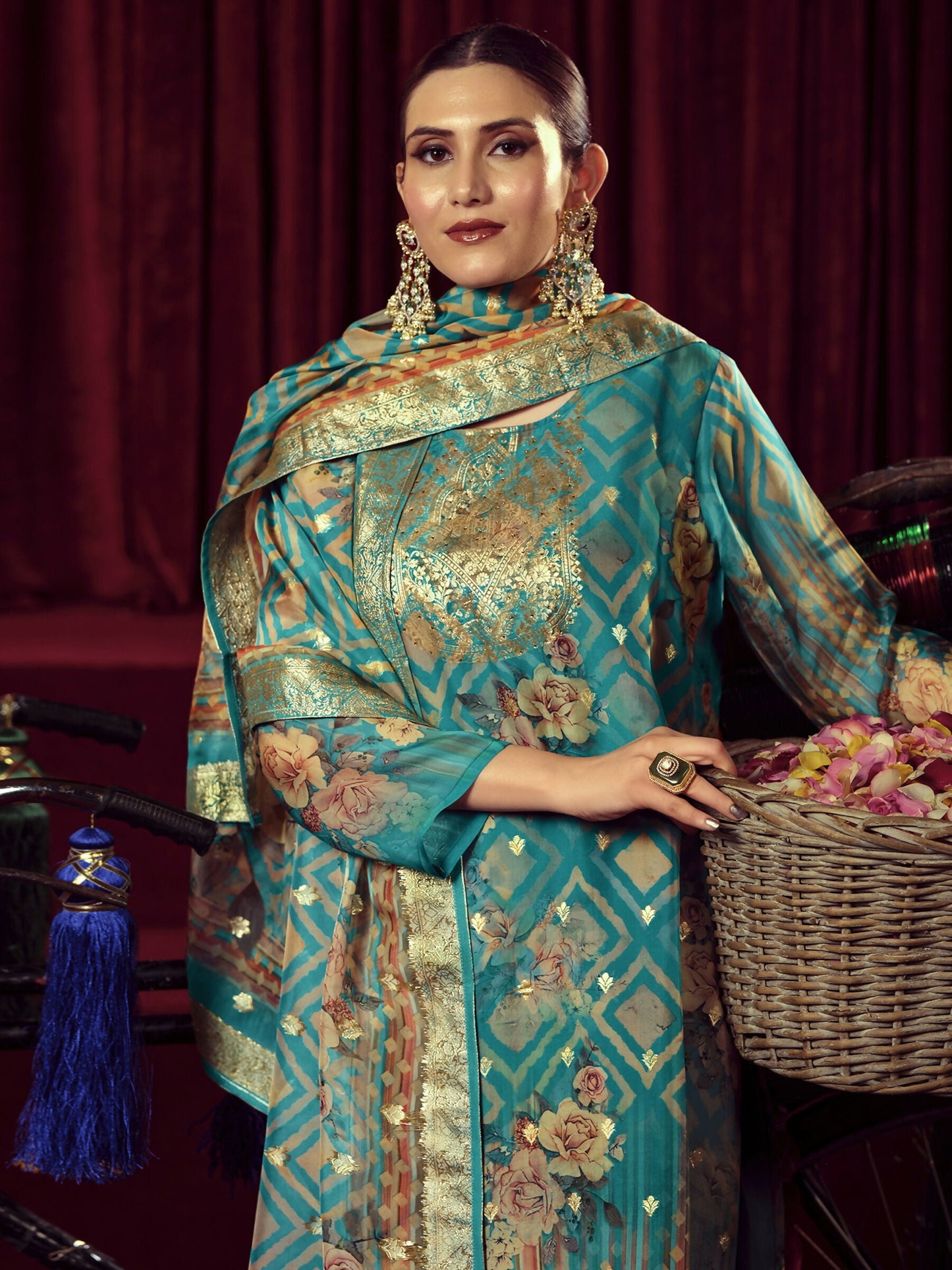 Jyoti Fashion Women's Turquiose Organza Jacquard Woven Kurta with Trouser & Dupatta | Swadesiicart