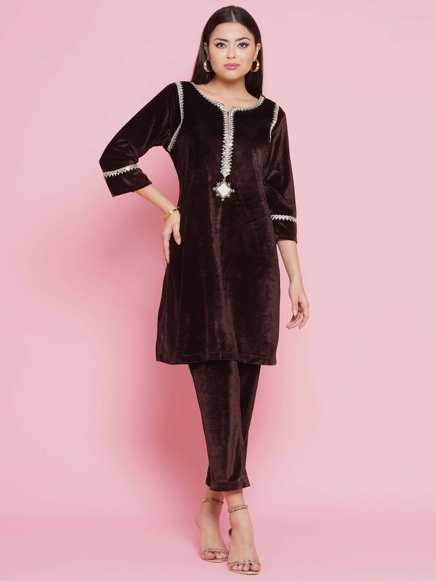 Women Republic Brown Velvet Embellished Co-Ord Set - Swadesiicart