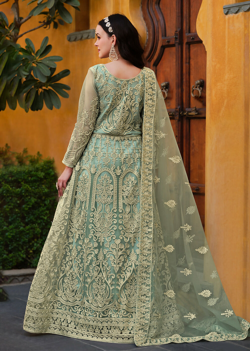 Light Green Pure Butterfly Net Wedding Wear Anarkali Suit - Emponline | Swadesiicart