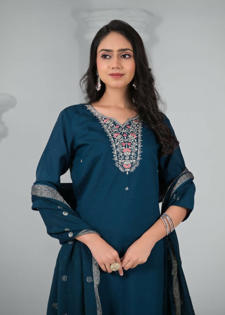 Ethnic Festive Wear Chanderi Rama Stitched Suit With Dupatta - Tanisha | Swadesiicart