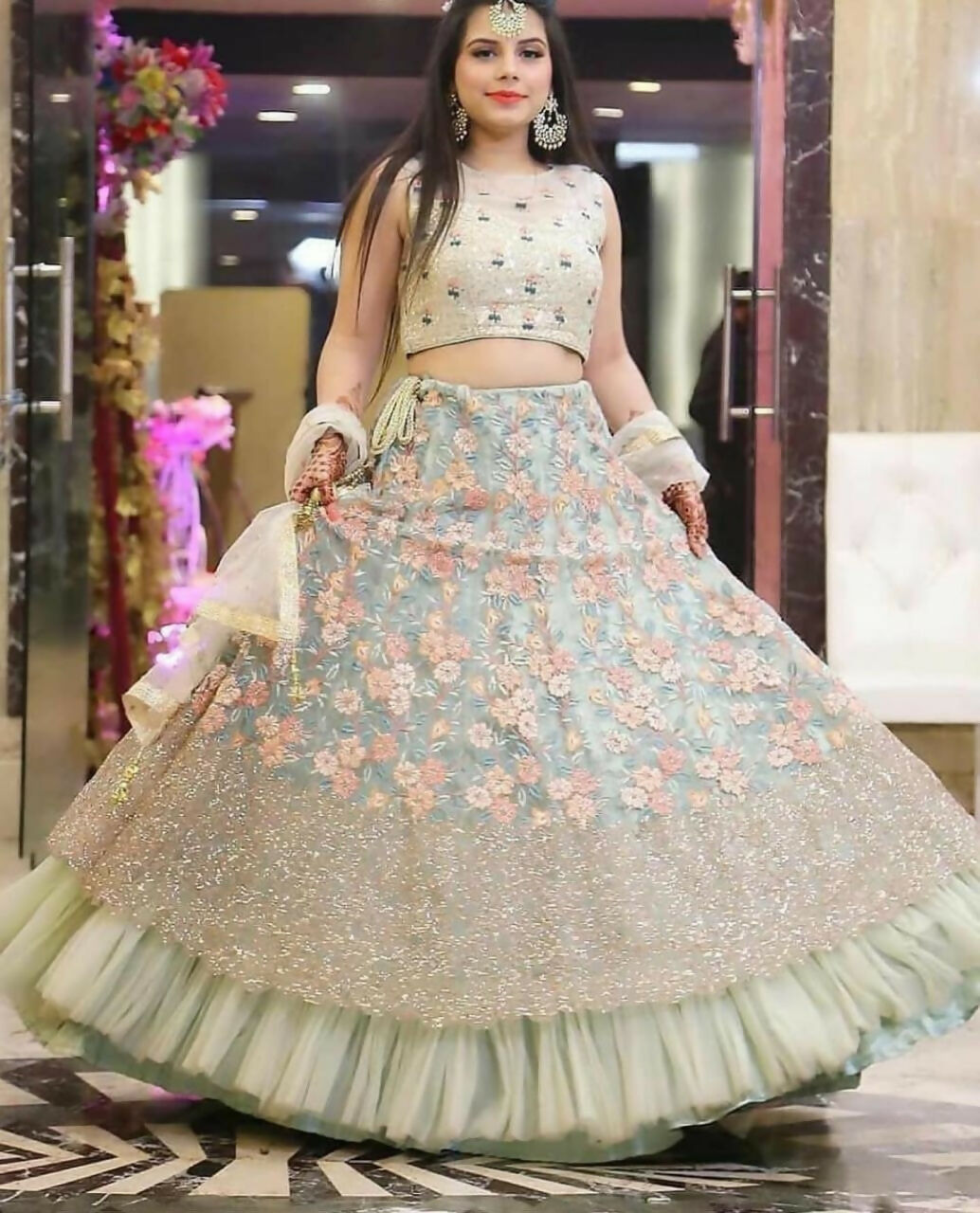 Jyoti Fashion Sea Green 3mm with Thread and Jari Embroidery Net Lehenga Choli with Dupatta | Swadesiicart