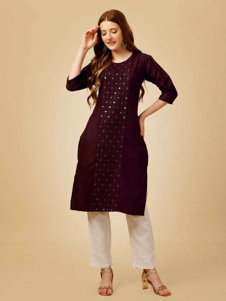 Jyoti Fashion Women's Wine Cotton Blend Embroidered Kurta Pant Set - Swadesiicart