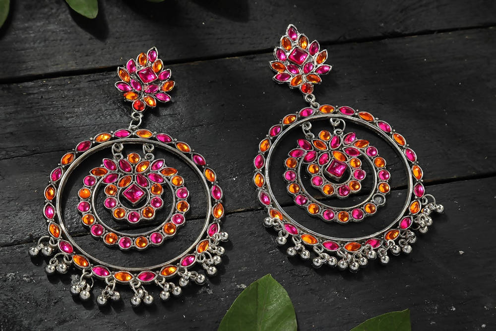 Mominos Fashion Johar Kamal Women's Pink & Orange Kundan Circles Earrings - Swadesiicart