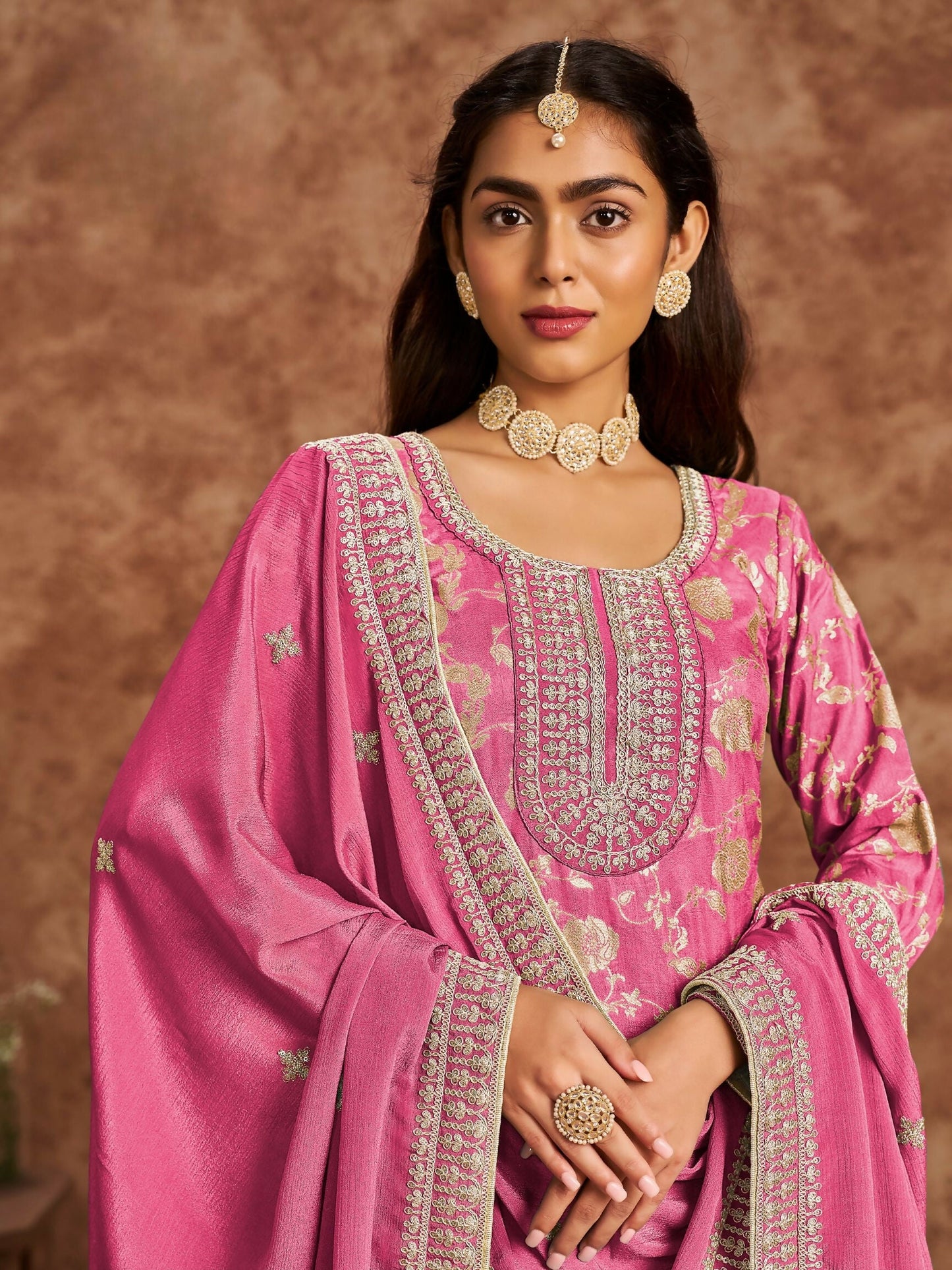 Anaita Pink Premium Dolla Jacquard Embroidered Stitched Salwar Suit