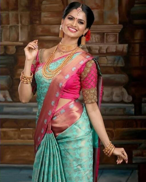 DEIANA'S Beautiful Designer Golden zari Soft Lichi Silk Saree - Sky - Swadesiicart