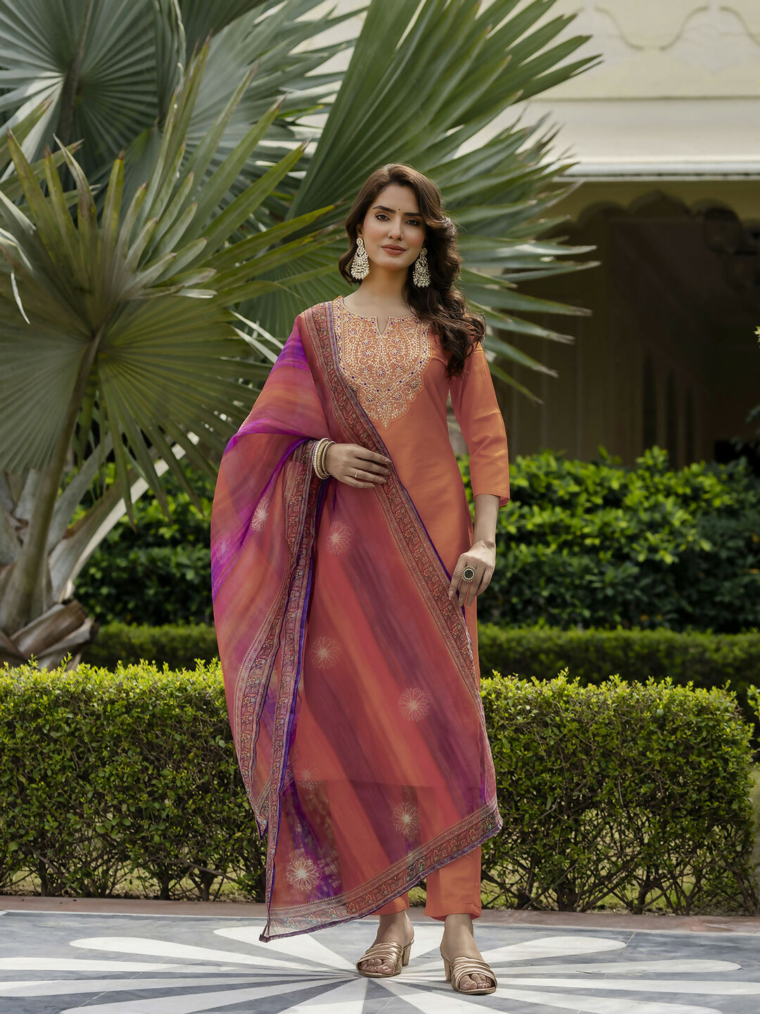 The52 Orange Women's Gorgeous Embroidered Rayon Fabric with Straight Kurta, Pant and Dupatta Set - Swadesiicart