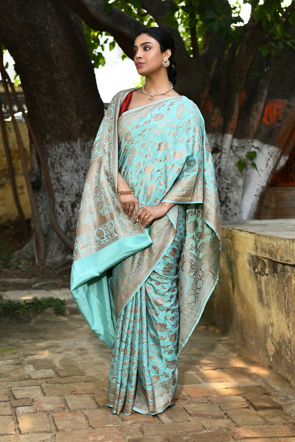 Joban Fashion Aqua Crepe Chiffon Pure Handloom Banarasi Silk Saree | Swadesiicart