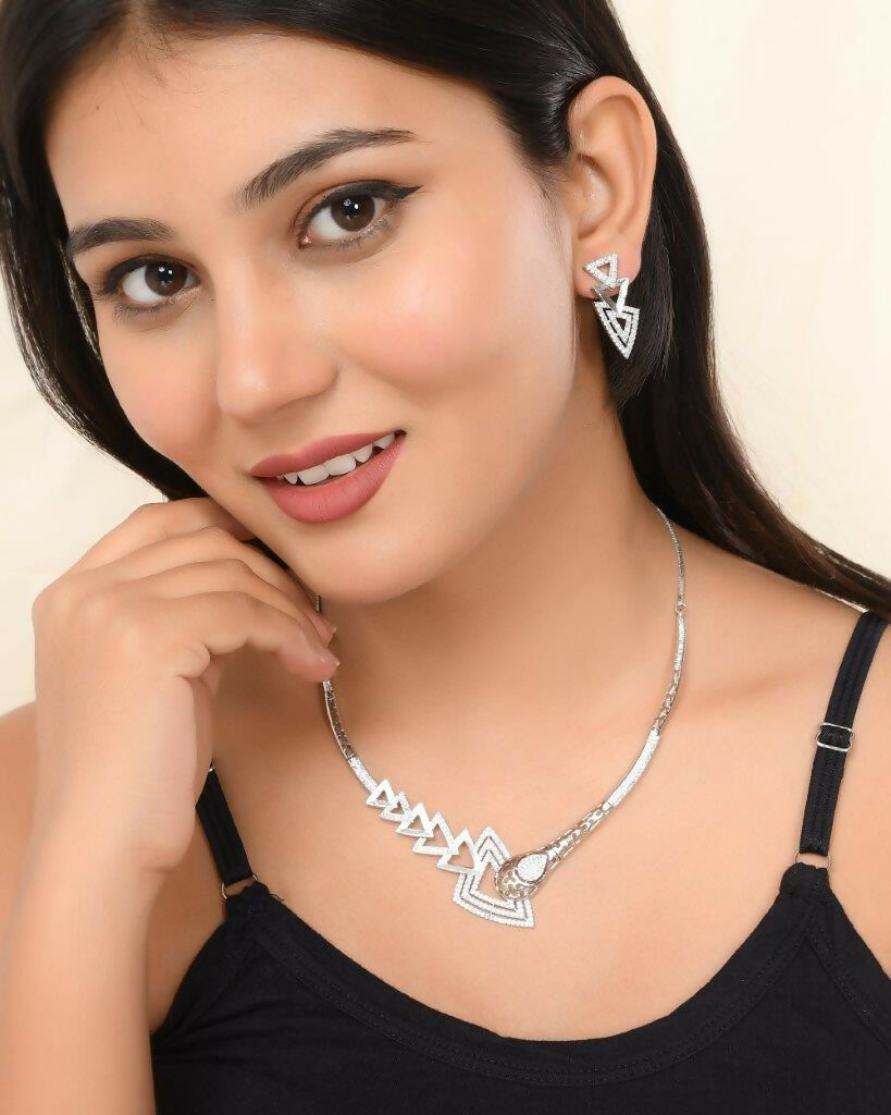VOJ Silver Plated AD Studded Designer Handcrafted Jewellery Set - Swadesiicart