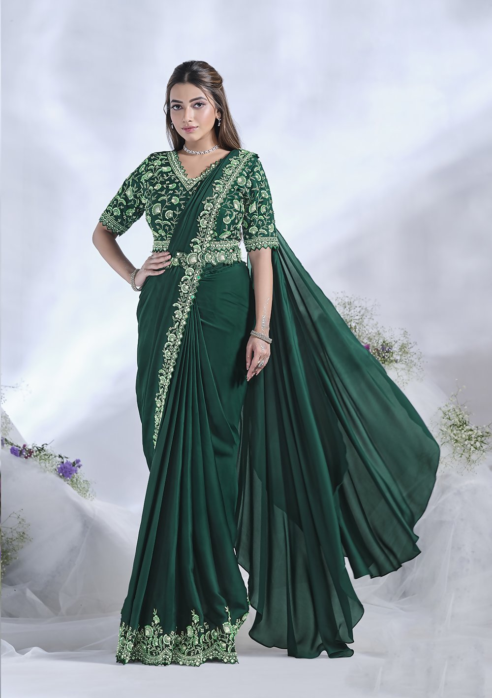 Green Crepe Satin Silk Designer Ready to wear saree with stithced Blouse - Mohmanthan Aura | Swadesiicart