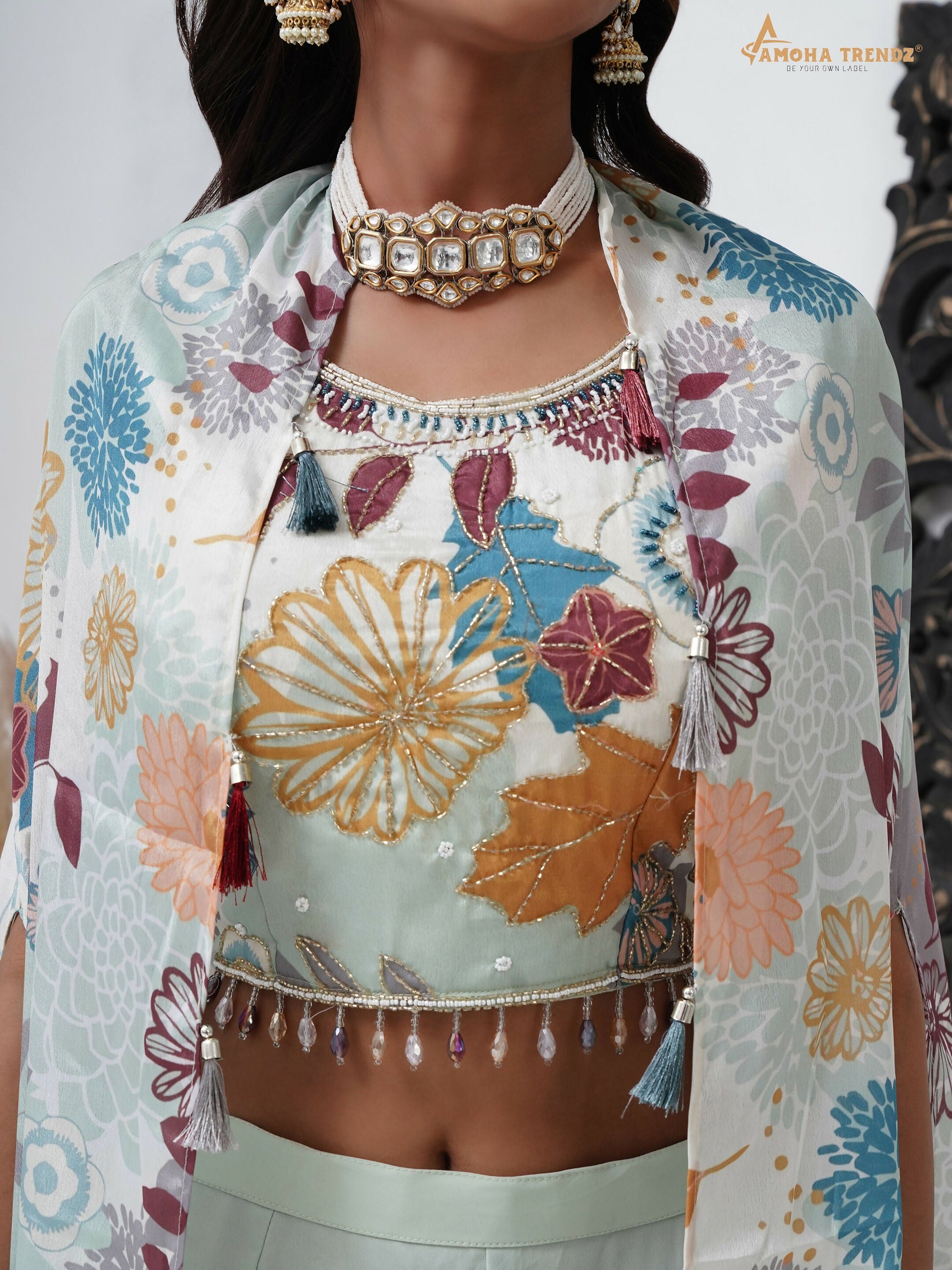 Sea Green Digital Chinon Handwork Top with Palazzo & Shrug - Naomika - Swadesiicart