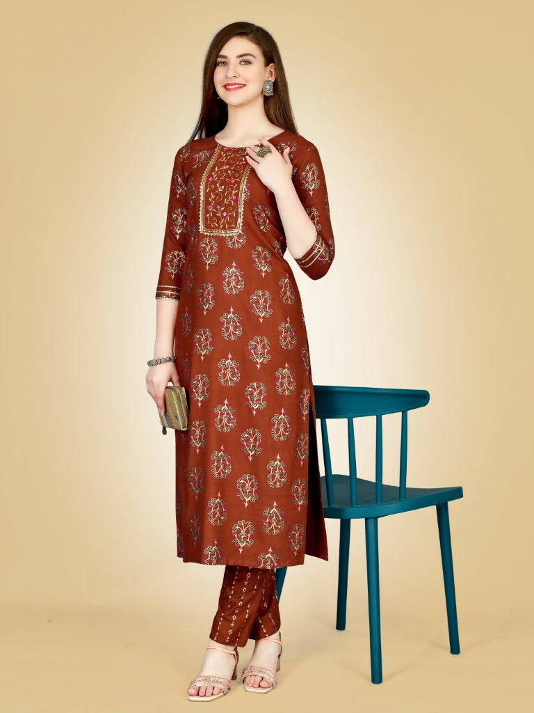 Jyoti Fashion Women's Rust Viscose Rayon Embroidered Kurta Pant Set | Swadesiicart