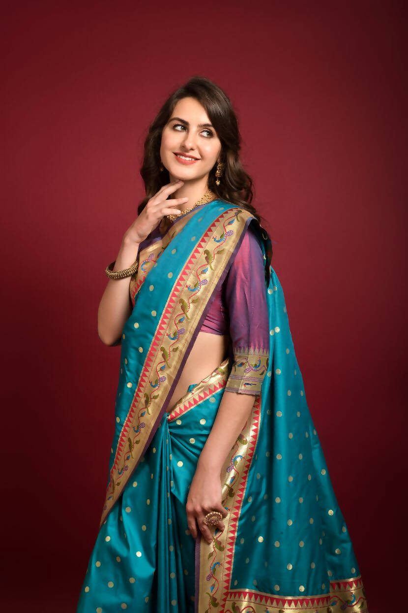 Vishnu Weaves Women's Rama Paithani Silk Zari Woven Saree with Unstitched Blouse - Swadesiicart