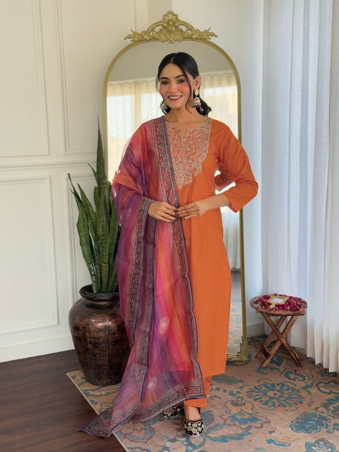 The52 Orange Women's Gorgeous Embroidered Rayon Fabric with Straight Kurta, Pant and Dupatta Set - Swadesiicart