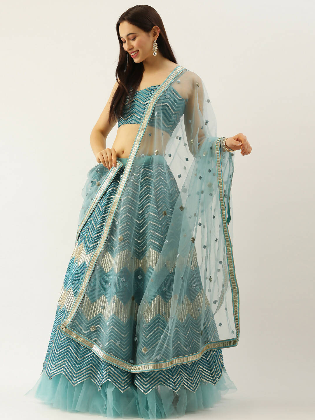 House of Panchhi Women Sea Green Net Zig-Zag Embroideried Lehenga, Blouse & Dupatta | Swadesiicart