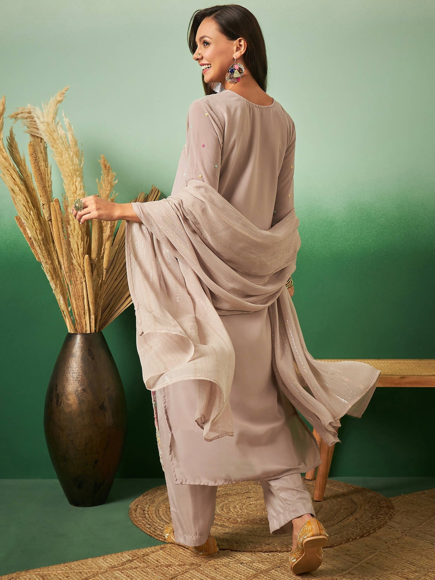 Light Brown Georgette Handwork Unstitched Dress Material - Hanika | Swadesiicart