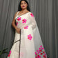 Exclusive Collection Beautiful White Pink Pure Cotton Hand Print Handloom Saree With Running Blouse Piece - Swadesiicart